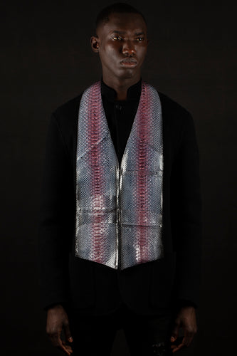 Light blue, pink and black striped and glazed genuine python leather - handmade men's leather vest bag handmade men's leather bag bespoke men's leather bag, black owned business