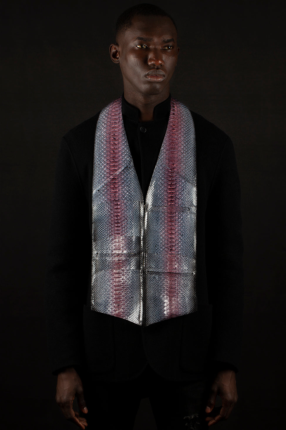 Light blue, pink and black striped and glazed genuine python leather - handmade men's leather vest bag handmade men's leather bag bespoke men's leather bag, black owned business