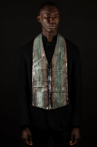 Green, black and gray striped and glazed genuine python - handmade men's leather vest bag bespoke men's leather bag exclusive handmade men's leather bag men's leather crossbody bag vest bag handmade men's leather vest bag in Hudson Yards, black owned business