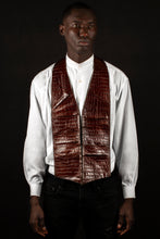 Load image into Gallery viewer, Brown high gloss croc-embossed genuine calfskin leather _ handmade men&#39;s leather vest bag ,brown vest bag, men&#39;s vest bag ,men&#39;s leather vest bag, handmade  men&#39;s leather vest bag in Hudson Yards, handmade men&#39;s leather bag, black owned business