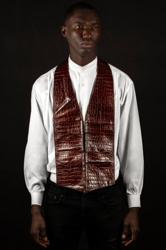 Brown high gloss croc-embossed genuine calfskin leather _ handmade men's leather vest bag ,brown vest bag, men's vest bag ,men's leather vest bag, handmade  men's leather vest bag in Hudson Yards, handmade men's leather bag, black owned business