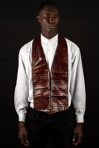 Brown high gloss croc-embossed genuine calfskin leather _ handmade men's leather vest bag ,brown vest bag, men's vest bag ,men's leather vest bag, handmade  men's leather vest bag in Hudson Yards, handmade men's leather bag, black owned business