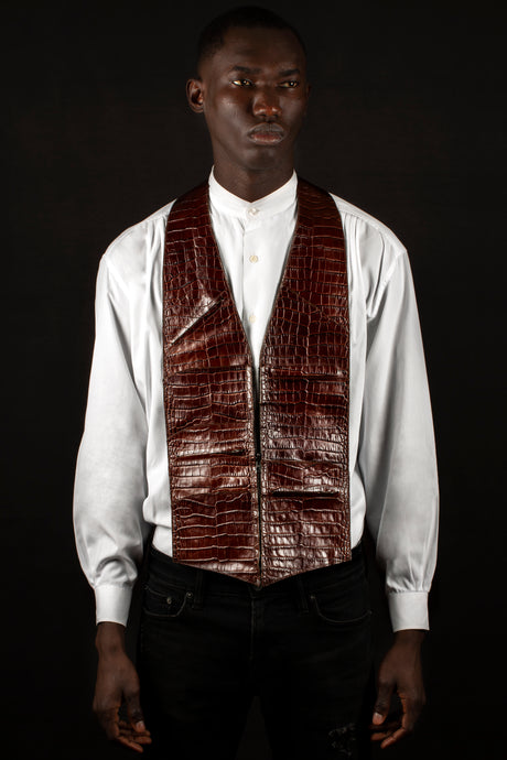Brown high gloss croc-embossed genuine calfskin leather _ handmade men's leather vest bag ,brown vest bag, men's vest bag ,men's leather vest bag, handmade  men's leather vest bag in Hudson Yards, handmade men's leather bag, black owned business