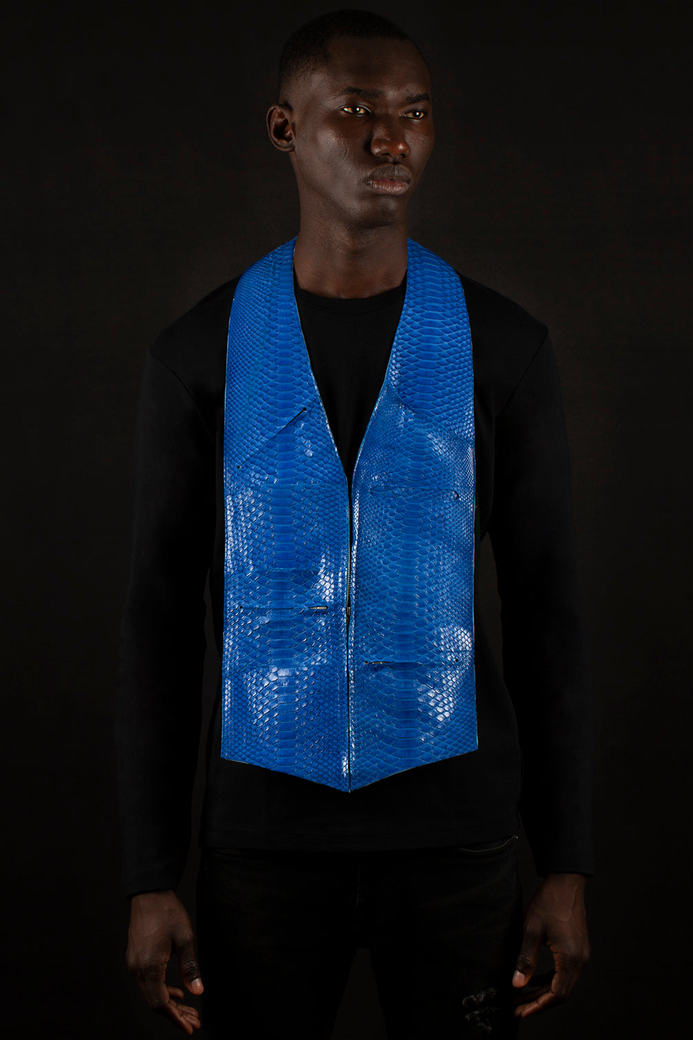 Cobalt blue glazed genuine python leather - handmade men's leather vest bag handmade men's leather vest bag in Hudson Yards blue vest bag bag vest men's blue leather bag bespoke leather bag, black owned business