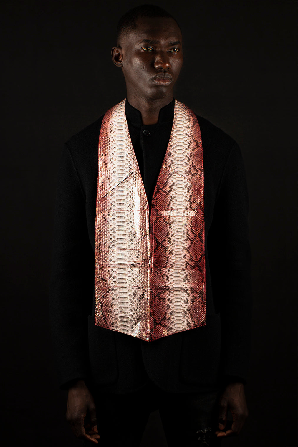 Coral, cranberry and white glazed genuine python leather - handmade men's leather vest bag bespoke men's leather bag handmade men's leather vest bag in Hudson Yards exotic leather men's bag exclusive men's bag