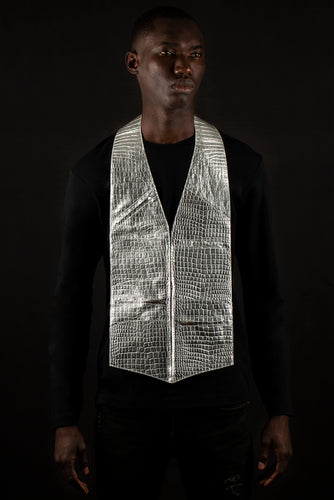 Metallic silver croc-embossed genuine lambskin leather - handmade men's leather vest bag, silver men's leather vest bag, handmade men's leather vest bag in Hudson Yards, black owned business