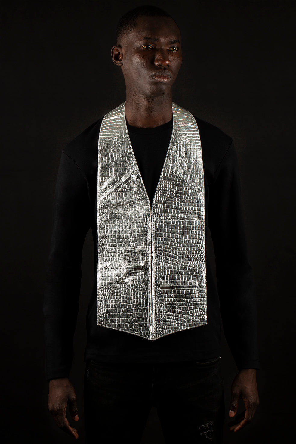 Metallic silver croc-embossed genuine lambskin leather - handmade men's leather vest bag, silver men's leather vest bag, handmade men's leather vest bag in Hudson Yards, black owned business