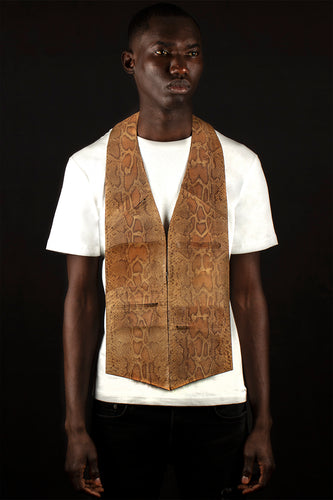 Tan and orange matte glazed python print and embossed genuine lambskin leather - handmade men's leather vest bag handmade men's leather vest bag in Hudson Yards, exclusive men's leather vest bag  bespoke men's leather bag , black owned business